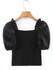 Tops Chemisiers Femmes Courts avec Manches Courtes Amples à Col Carré Cousu en Satin Unicolore