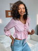 Tops Chemisiers Femmes Courts en Satin avec Manches Longues Amples à Col V à Lacets Bas Volants Uncolore