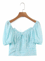 Tops Chemisiers Femmes Courts Imprimés les Pois à Col U à Lacets avec Manches Courtes Amples Bicolores