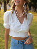 Tops Chemisiers Femmes Creusants en Cotons Tailles Hautes à Col Revers avec Manches Courtes Amples Moulants Unicolore