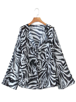 Tops Chemisiers Femmes en Mousselines Imprimés les Rayures avec Manches Longues Volantes à Col Revers Coupe Cintrée à Lacets Bicolores