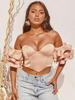 Tops Chemisiers Femmes en Satins Courts à Col Décolleté en V avec Manches Courtes Volantes avec Epaules Nues Unicolore Sexy