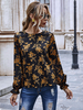Tops Chemisiers Femmes en Satins Courts Imprimés les Fleurs à Col Rond avec Manches Longues Amples Bicolores