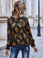 Tops Chemisiers Femmes en Satins Courts Imprimés les Fleurs à Col Rond avec Manches Longues Amples Bicolores