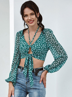 Tops Chemisiers Femmes Imprimés avec Manches Longues Amples à Col Décolleté en V à Lacets Ouvert Sur Devant Bicolores
