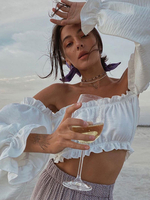 Tops Chemisiers Femmes Taille Haute avec Manches Longues Amples Volantes avec Epaules Dénudées Unicolore Sexy