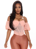 Tops Chemisiers Femmes Taille Haute en Mousselines avec Manches Courtes Amples à Col Décolleté avec Dos Nu à Zip Unicolore Sexy