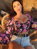 Tops Chemisiers Femmes Taille Haute Imprimés les Fleurs avec Manches Longues Amples à Col Décolleté en V Unicolore Sexy
