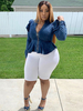 Tops Chemisiers Grande Taille Veste en Denim à Col Décolleté en V à Zip avec Manches Longues Epaulés Coupe Cintrée Bas Evasée Unicolore Sexy