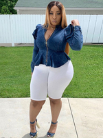 Tops Chemisiers Grande Taille Veste en Denim à Col Décolleté en V à Zip avec Manches Longues Epaulés Coupe Cintrée Bas Evasée Unicolore Sexy