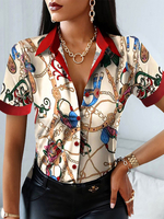 Tops Chemisiers Imprimés en Satin à Col Revers avec Manches Courtes avec Boutons Multicolores Tops Chemisiers Imprimés Sexy