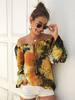 Tops Chemisiers Imprimés Floral Décontractés Courts avec Epaules Dénudées à Lacets avec Manches Longues Volantes Multicolores
