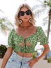 Tops Chemisiers Imprimés Florales Taille Haute à Col Décolleté en V à Lacets avec Manches Courtes Amples Bicolores Tops Sexy