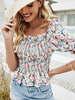 Tops Chemisiers Imprimés Forales à Col Carré avec Manches Courtes Amples Coupe Cintrée Elastique Bas Evasée Multicolores Tops Sexy