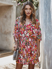Tops Chemisiers Robes Courtes Imprimés Florales à Col V avec Manches Mi-longues Coupe Cintrée à Lacets Bas Evasée Multicolores Sexy Etés
