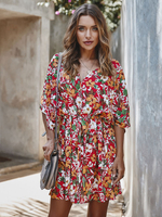 Tops Chemisiers Robes Courtes Imprimés Florales à Col V avec Manches Mi-longues Coupe Cintrée à Lacets Bas Evasée Multicolores Sexy Etés