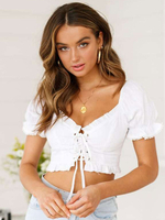 Tops Chemisiers Taille Haute à Col Décolleté en V avec Manches Courtes Amples à Lacets Unicolore Tops Sexy Femme