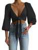 Tops Chemisiers Taille Haute à Col Décolleté en V Femme à Lacets avec Manches Mi-longues Amples Tops Sexy Eté