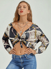 Tops Chemisiers Taille Haute Femme en Satin Imprimés à Col Revers avec Manches Longues à Lacets Bicolores Sexy