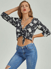 Tops Chemisiers Taille Haute Femme en Satin Imprimés à Col Revers avec Manches Longues à Lacets Bicolores Sexy