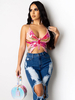 Tops Courts Femmes en Paillettes avec Bretelles à Col Décolleté en V en Forme de Papillons avec Dos Nu à Lacets Tricolores Sexy