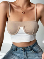 Tops Courts Femmes Taille Haute à Col Carré sans Manches Cousu Bicolores Sexy