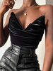 Tops Femmes Courts en Velours à Col Décolleté en V avec Epaules Nues Fermeture avec zip Unicolore Sexy