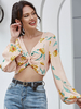 Tops Sexy Chemisiers Femmes Courts Imprimés avec Manches Longues Amples à Col Décolleté en V Coupe Cintrée Multicolores