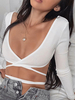 Tops Sexy Courts avec Manches Longues à Col Décolleté en V avec Dos Nu à Lacets Unicolore Sexy