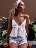 Tops Sexy Courts Femmes avec Bretelles à Col Décolleté en V à Lacets Bas Evasée Unicolore Tops Sexy Courts