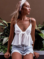 Tops Sexy Courts Femmes avec Bretelles à Col Décolleté en V à Lacets Bas Evasée Unicolore Tops Sexy Courts