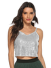 Tops Sexy Courts Femmes en Paillettes à Col V avec Bretelles Elastique avec Dos Nus Unicolore Sexy