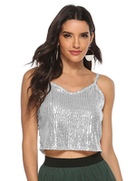 Tops Sexy Courts Femmes en Paillettes à Col V avec Bretelles Elastique avec Dos Nus Unicolore Sexy