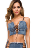 Tops Sexy en Denim Taille Haute avec Bretelles à Lacets Femmes Moulants Imprimés à Col V avec Epaules Dénudées Bicolores Sexy