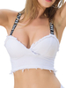 Tops Sexy en Denim Taille Haute avec Bretelles Femmes Moulants Imprimés à Col V avec Epaules Dénudées Bicolores Sexy
