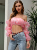 Tops Sexy en Mousselines Imprimés Courts avec Epaules Dénudées avec Manches Longues Amples Bicolores Sexy