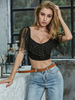 Tops Sexy en Paillettes Femmes Courts avec Manches Courtes Volantes à Col Décolleté en V avec Dos Nu Unicolore