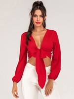 Tops Sexy Femmes Courts en Mousselines à Col Décolleté en V à Lacets avec Manches Longues Amples Unicolore