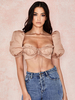 Tops Sexy Femmes Courts en Mousselines avec Manches Courtes Amples à Col Décolleté en Carré à Lacets Unicolore
