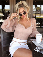 Tops Sexy Femmes en Dentelles en Plis Imprimés les Pois avec Manches Longues Amples avec Epaules Dénudées Taille Haute Unicolore Sexy