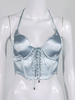 Tops Sexy Femmes en Satins avec Bretelles à Col Décolleté en V à Lacets Taille Haute avec Dos Nu Unicolore