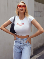 Tops Sexy Femmes Etés Taille Haute Moulants T-shirt Imprimés à Col Rond avec Manches Courtes Bicolores Tops Etés Sexy