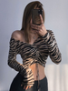 Tops Sexy Femmes Imprimés à Col Décolleté avec Manches Longues avec Epaules Dénudées Coupe Cintrée à Lacets Bicolores
