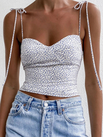 Tops Sexy Imprimés Pois avec Bretelles à Laccets à Col Décolleté en V Taille Haute Bicolores Tops Sexy Eté