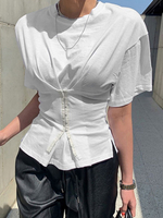 Tops Sexy T-shirt Femme avec Corset à Col Rond avec Manches Courtes Amples Coupe Cintrée avec Boucles Unicolore Tops Sexy Eté
