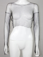 Tops Sexy Transparents Femmes en Dentelles à Col Rond avec Manches Longues Taille Haute Unicolore en Résille