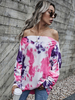 Tops T-shirt Femmes Courts Imprimés avec Manches Longues avec Epaules Nues Tricolores