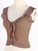 Tops T-shirts Camisoles avec Bretelles Gilets en Maille à Col Rond avec Volants à Lacets sans Manches Unicolore