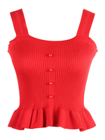 Tops T-shirts Camisoles avec Bretelles Gilets en Maille Moulants à Col Carré sans Manches Décors avec Boutons avec Volants Unicolore