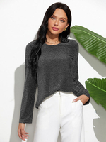 Tops T-shirts Courts en Paillettes Femmes à Col Rond avec Manches Longues Unicolore